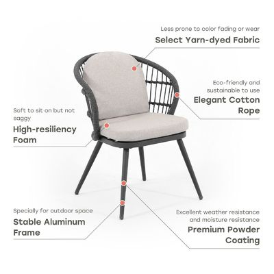 Courtyard Outdoor Dining Set with Round Tempered Glass Table and Rope Weave Armchair