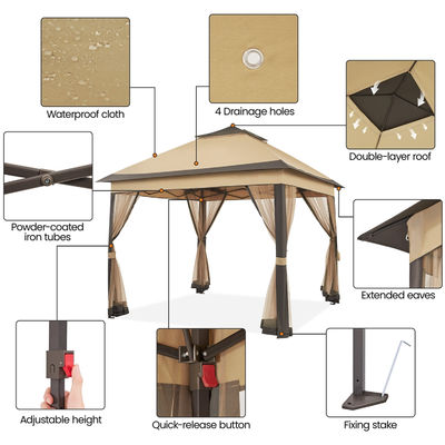 Powder Coated 3.3x3.3M Outdoor Gazebo Tent Pop Up with 4 Mesh Sidewalls Waterproof