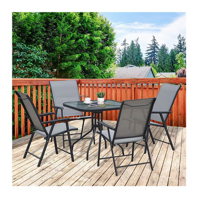 Foldable Armchair Patio Furniture 4 Seater Dining Set with Glass Top and Umbrella Hole