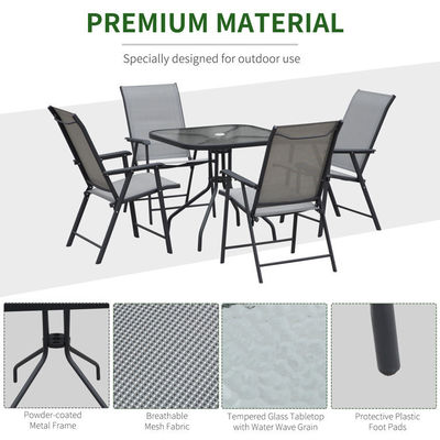 Foldable Armchair Patio Furniture 4 Seater Dining Set with Glass Top and Umbrella Hole