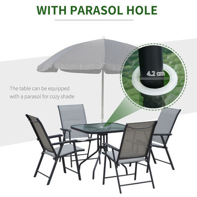 Foldable Armchair Patio Furniture 4 Seater Dining Set with Glass Top and Umbrella Hole