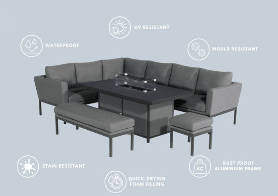 Mail packing Y AJUNION Luxury Outdoor Fabric Patio Furniture Dining Set with Firepit Table