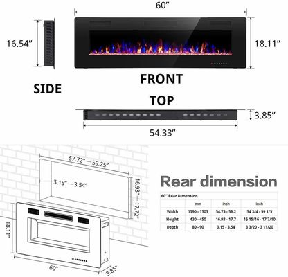 12 Bed Color Mode AJUNION 60 Inch Wall Mounted Silk Screen Printing Electric Fireplace