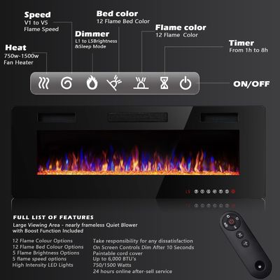 Wall Mounted Electric Fireplace 12 Flame Color Options and Remote Control Included
