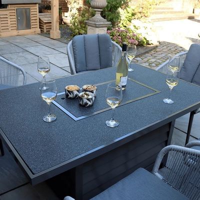 Metal AJUNION 6 Seater Outdoor Furniture with Fire Pit Table and Rope Weave Armchair