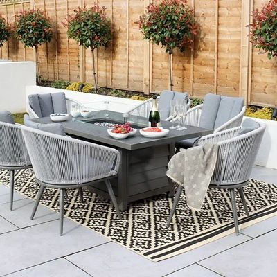 Metal AJUNION 6 Seater Outdoor Furniture with Fire Pit Table and Rope Weave Armchair