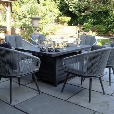 Metal AJUNION 6 Seater Outdoor Furniture with Fire Pit Table and Rope Weave Armchair