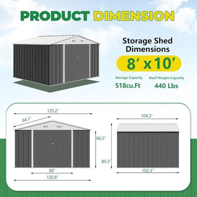 Outdoor Storage Tools Shed Large Size 8x10FT Metal House with 66.5&quot; Height Steel Doors