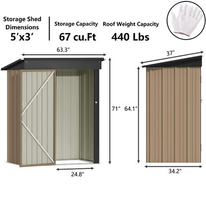 AJUNION Modern Design 5x3ft Metal Garden Shed Single Lockable Doors 61.2&quot; Doors Height