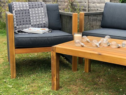 Outdoor Furniture Set with Wooden Lounge Chairs and PE Rattan Weave W71 x D66 x H64cm
