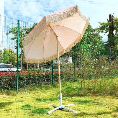 Outdoor Beach Courtyard Sun Umbrella with Tassel in Wood Color and Polyester Material