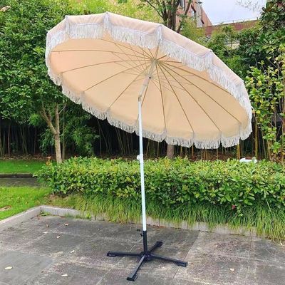 Outdoor Beach Courtyard Sun Umbrella with Tassel in Wood Color and Polyester Material