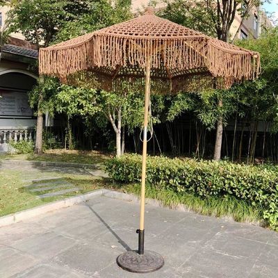 Outdoor Beach Courtyard Sun Umbrella with Tassel in Wood Color and Polyester Material