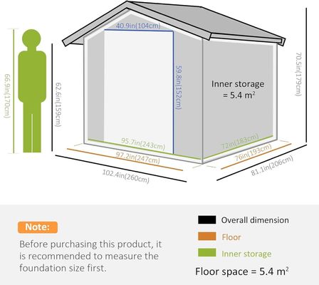2.06D x 2.58W x 1.78H Meters Double Sliding Door Metal Garden Building Shed with 4 Vents