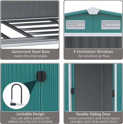 2.06D x 2.58W x 1.78H Meters Double Sliding Door Metal Garden Building Shed with 4 Vents