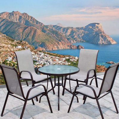 Aluminum Frame Outdoor Garden Set with Round Glass Top Dining Table and Teslin Chairs