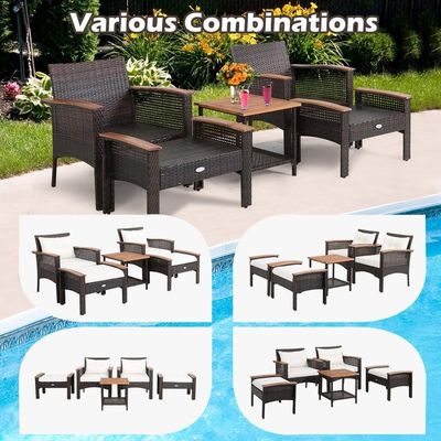 350 lbs. Ottoman Weight Capacity 5 Piece Outdoor Lounge Set with Vintage Wood Top