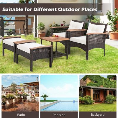 350 lbs. Ottoman Weight Capacity 5 Piece Outdoor Lounge Set with Vintage Wood Top