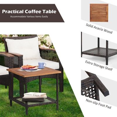 350 lbs. Ottoman Weight Capacity 5 Piece Outdoor Lounge Set with Vintage Wood Top