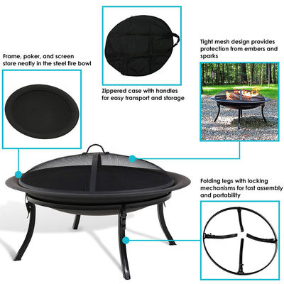 Outdoor Patio Backyard Garden Bonfire Camping Round Metal Fire Pit Bowl with Poker in Black