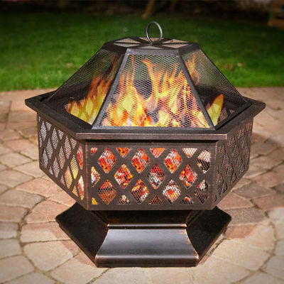 Hexagon Crossweave Steel Wood Burning Fire Pit Bowl for Outdoor Patio and Garden