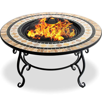 Multi-functional Mosaic Fire Pit for Bonfire Camping and Charcoal BBQ Grill Table