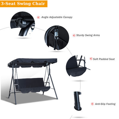 Polyester Cushion AJUNION 3-seater Garden Hanging Swing Chair with Metal and Canopy