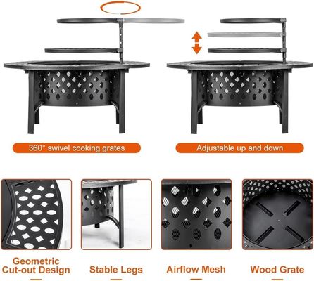 Modern Outdoor Firepit AJUNION 36 Inch Metal Round Wood Burning Fire Pit with 2 Grills
