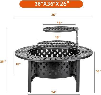 Modern Outdoor Firepit AJUNION 36 Inch Metal Round Wood Burning Fire Pit with 2 Grills