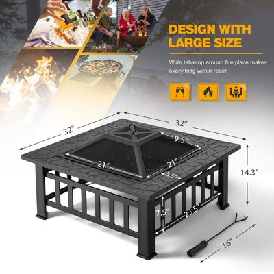 30 Pounds Metal Square Fire Pit Table 32 Inch Wood Burning BBQ Grill for Camping Garden