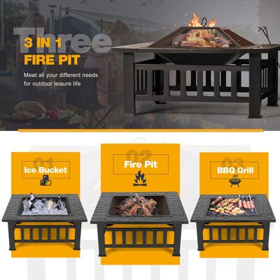 30 Pounds Metal Square Fire Pit Table 32 Inch Wood Burning BBQ Grill for Camping Garden