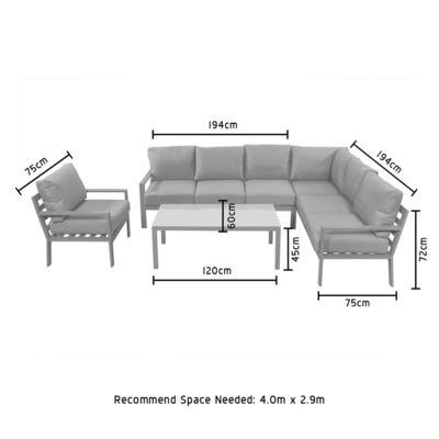Aluminum Frame Modern L Shape Garden Sofa Set with Coffee Table Size L 120 x W60 x H45cm