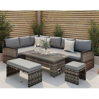 AJUNION PE Rattan Garden Dining Furniture Set with Rising Dining Table L96xW49xH35cm