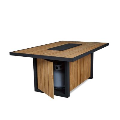 Outdoor Dining Fire Table Propane Gas Fire Pit Table with Teak Wood Aluminum Frame