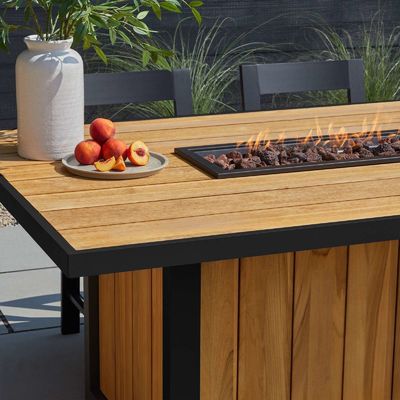 Outdoor Dining Fire Table Propane Gas Fire Pit Table with Teak Wood Aluminum Frame