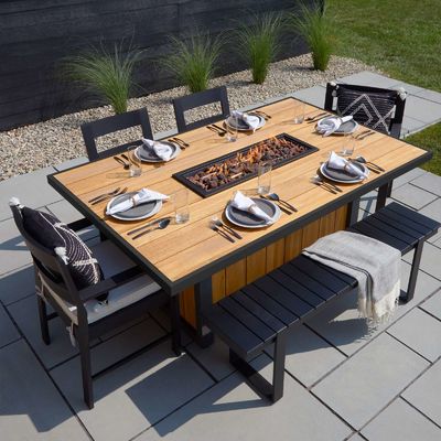 Outdoor Dining Fire Table Propane Gas Fire Pit Table with Teak Wood Aluminum Frame
