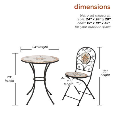 AJUNION 3 Piece Iron Mosaic Tile Patio Bistro Set with Ceramic Table and Folding Chairs