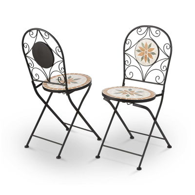 AJUNION 3 Piece Iron Mosaic Tile Patio Bistro Set with Ceramic Table and Folding Chairs