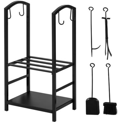2 Tiers Firewood Rack W46 x D30 x H75cm Fireplace Log Holder with Fireplace and 4 Tools
