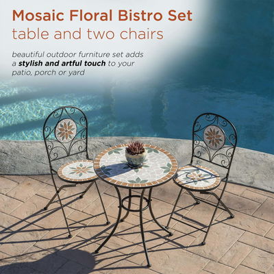 AJUNION 3 Piece Iron Mosaic Tile Patio Bistro Set with Ceramic Table and Folding Chairs