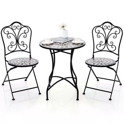 Outdoor Furniture AJUNION 2 Seating Chair and Table Set Metal Iron Foldable Chair Antique Mosaic Tile Table Bistro Set
