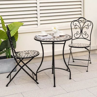 Outdoor Furniture AJUNION 2 Seating Chair and Table Set Metal Iron Foldable Chair Antique Mosaic Tile Table Bistro Set