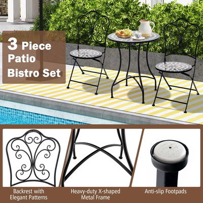 Outdoor Furniture AJUNION 2 Seating Chair and Table Set Metal Iron Foldable Chair Antique Mosaic Tile Table Bistro Set