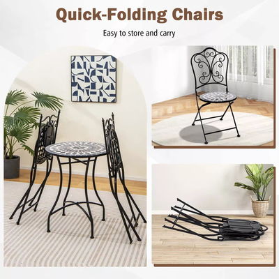 Outdoor Furniture AJUNION 2 Seating Chair and Table Set Metal Iron Foldable Chair Antique Mosaic Tile Table Bistro Set