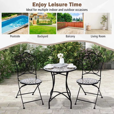 Outdoor Furniture AJUNION 2 Seating Chair and Table Set Metal Iron Foldable Chair Antique Mosaic Tile Table Bistro Set