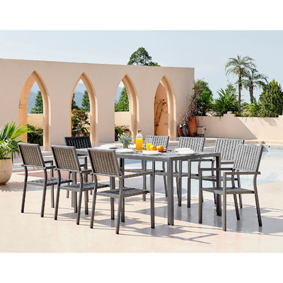 Aluminum Outdoor 8 Seat Dining Set Teak Wood Slatted Tabletop Dining Table Garden Set