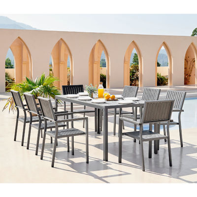 Aluminum Outdoor 8 Seat Dining Set Teak Wood Slatted Tabletop Dining Table Garden Set