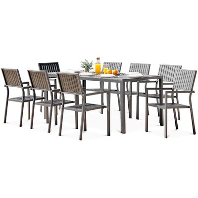 Aluminum Outdoor 8 Seat Dining Set Teak Wood Slatted Tabletop Dining Table Garden Set