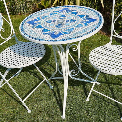 Modern Design Ceramic Tile and Powder Coated Iron Bistro Set for Outdoor Garden Patio