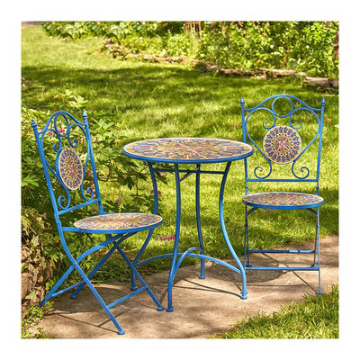 Iron Crafts Mosaic Bistro Set 3pcs Balcony Set with Foldable Table and Chair by AJUNION